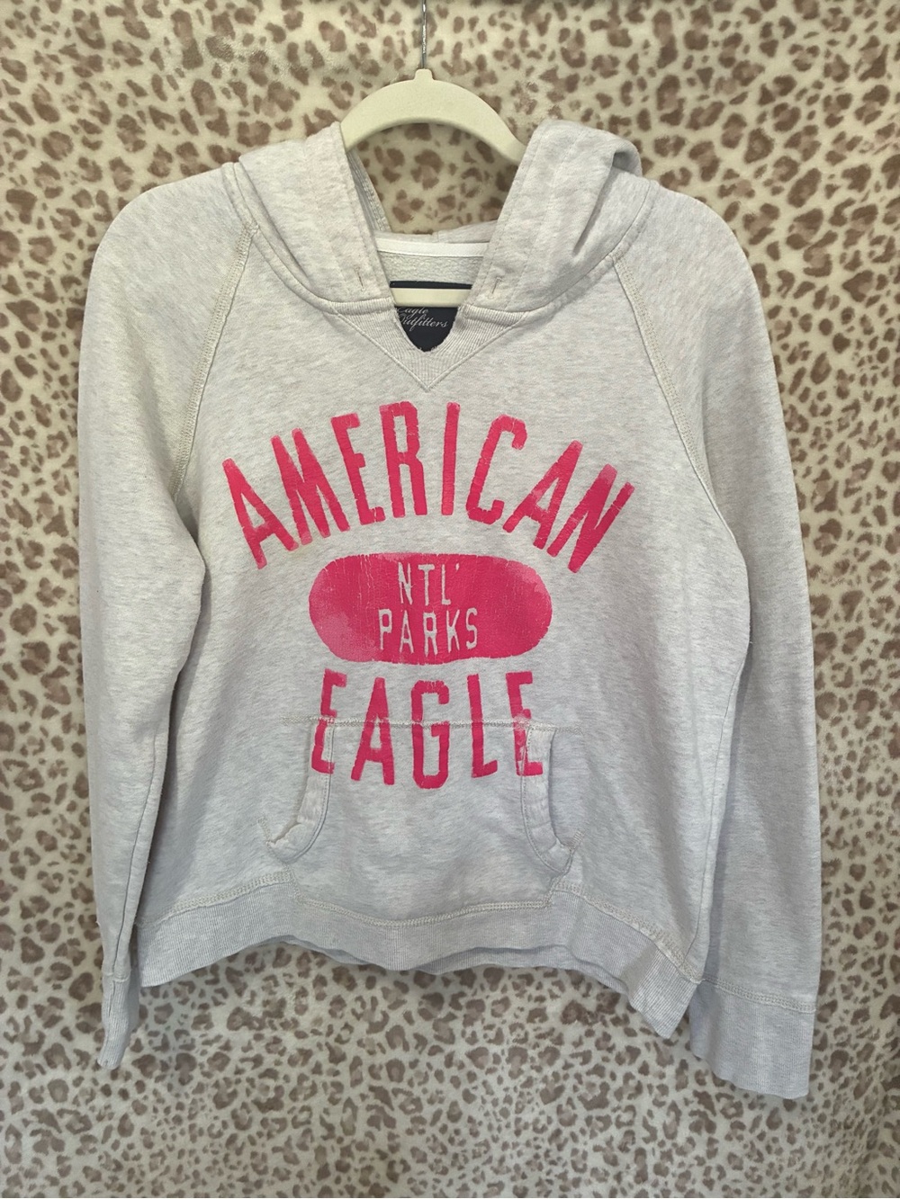 American Eagle Outfitters Light Gray Hoodie with Hot Pink Logo